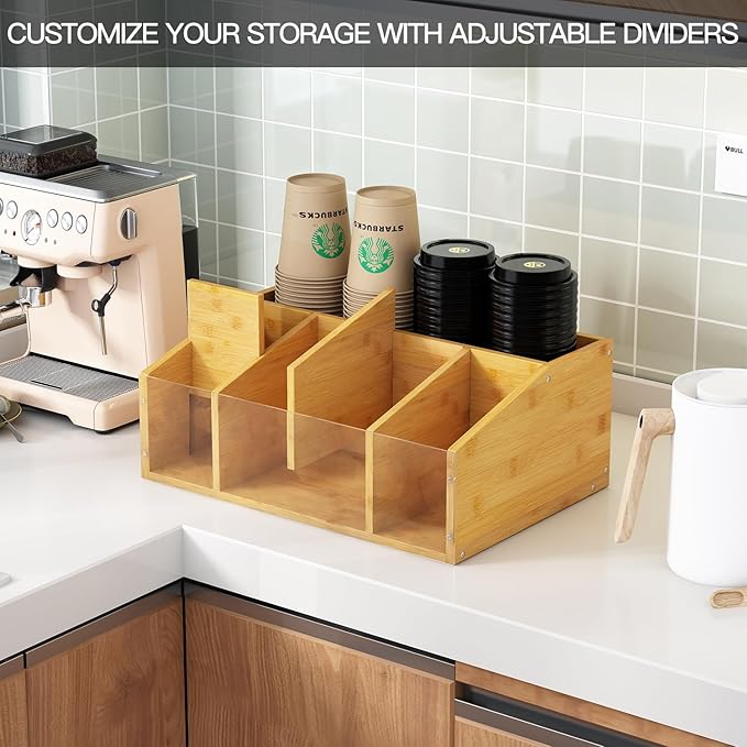 Coffee Station Organizer Condiment Organizer for Countertop Farmhouse Coffee Caddy with Removable Dividers Small Cute Office Bar Accessories for Tea Bags, Pods, Syrup, Cups, and Stirrer