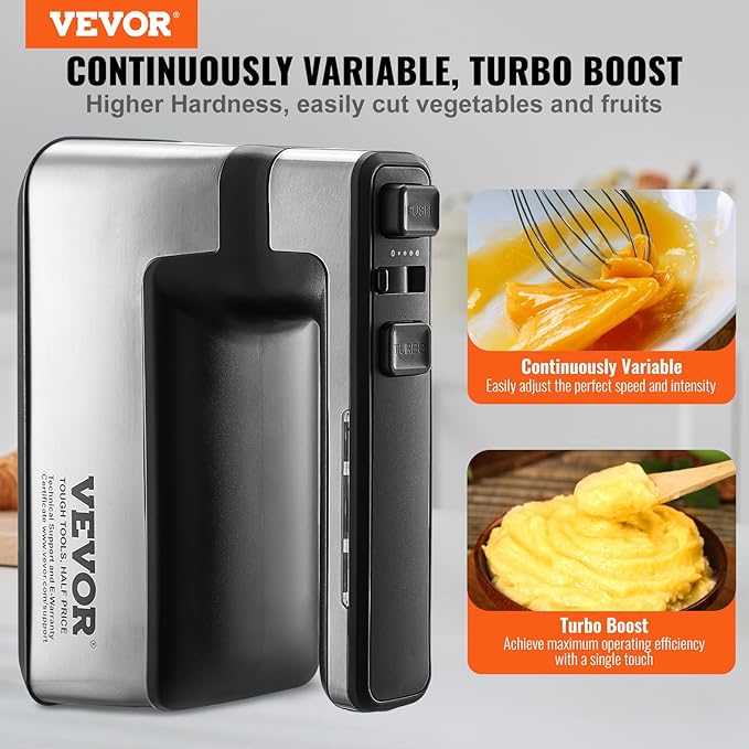 VEVOR Cordless Electric Hand Mixer,100W, Continuously Variable Electric Handheld Mixer, with Turbo Boost Beaters Dough Hooks Storage Bag, Baking Supplies for Whipping Mixing Egg Cookie Cake Cream