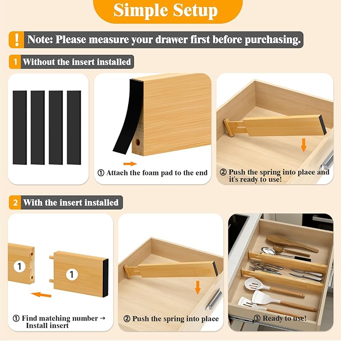 Bamboo Drawer Dividers,12-21" Adjustable Drawer Organizers for Clothes,Expandable Dresser Separators in Kitchen/Bedroom/Bathroom/Vanity/Office Organization and Storage,5-Pack
