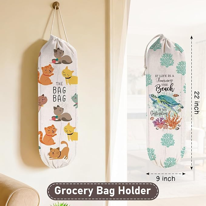 2Pcs Cat Plastic Bag Holder for Kitchen Essentials, Reusable Hanging Grocery Bag Organizer, Washable Large Grocery Trash Bags Storage Dispenser