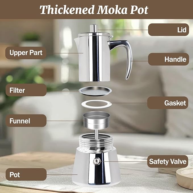 6 Cup Thickened Moka Pot 304 Stainless Steel 300ml Italian Espresso Coffee Maker Stovetop CoffeeMakers Mocha Pot Percolator for Induction Stove Classic Cafe Makers Portable for Easy Brewing