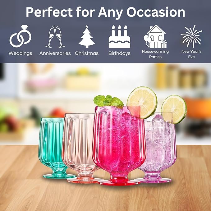 15oz Unbreakable Premium Drinking Glasses Set of 4 - Super Grade Acrylic Plastic - Perfect for Gifts - European Style Tritan Shatterproof BPA-free Reusable Glassware Dishwasher-Safe, Indoor & Outdoor