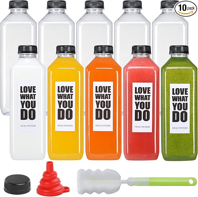 Fhxtcygj 10pcs 33oz Plastic Bottles with Caps, Juice Container with Lids, Empty Plastic Juice Bottles Reusable Clear Bulk Beverage Containers with Tamper Evident Cap for Milk, Smoothie, Drinks
