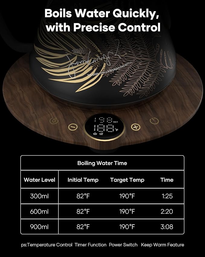 Cocinare Barista Collection Gooseneck Electric Kettle, ±1℉ Precise Temperature Control for Pour-Over Coffee & Tea, Quick Heating 1500W, Stainless Steel Interior, 0.9L (Rainforest)