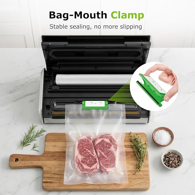 Bonsenkitchen Vacuum Sealer for Food, One-Hand Operation Food Vacuum Sealer Machine with Digital Timer, 0.2-inch Wider Seal, Built-in Cutter and Bag Storage for Meal Prep, 1 Roll Bag & 10 Pre-Cut Bags