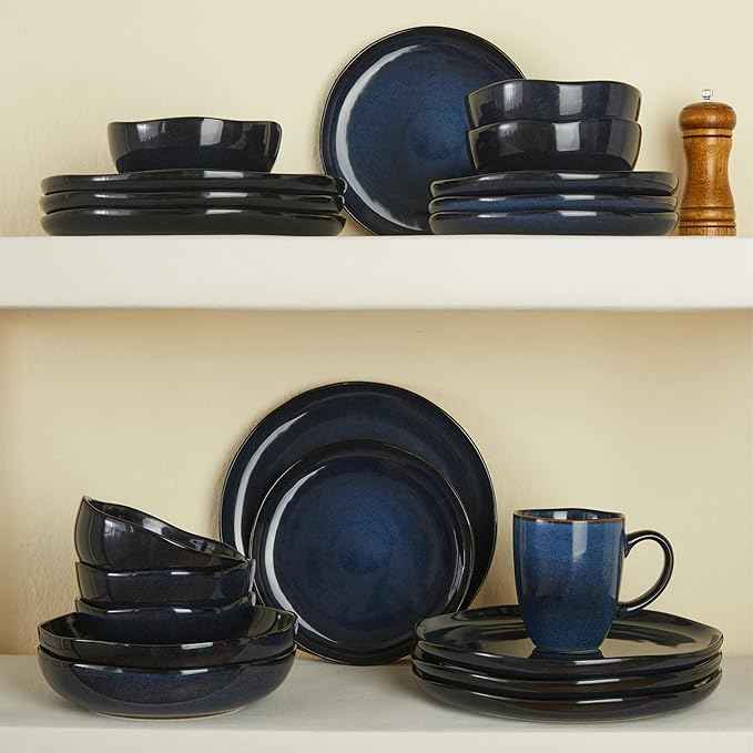 18 Piece Stoneware Dish Set for 6, Reactive Glaze Ceramic Plates and Bowls Set | Coastal‑Inspired Irregular Design for Casual Entertaining & Intimate Dinners | Dishwasher & Microwave Safe