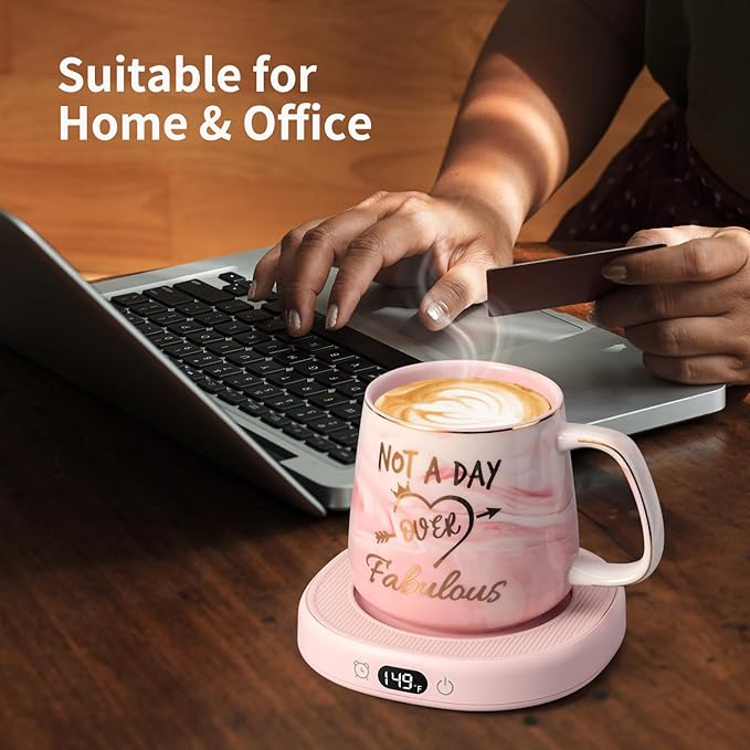 Coffee Mug Warmer & Not A Day Mug Set, Coffee Cup Warmer for Desk, 4 Temperature Setting, Smart Electric Beverage Warmer for Coffee, Tea, 8-Hours Auto Shut Off