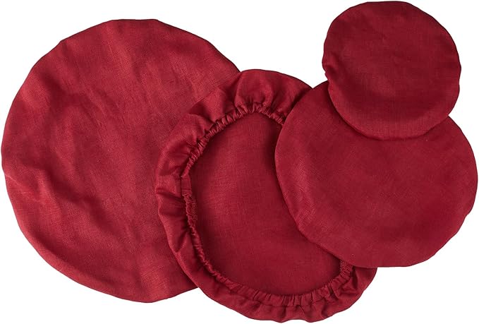 100% Pure Linen Bowl Covers For Bread Proofing, 4 Pcs Elastic Reusable Solid Color Cloth Fabric Bowl Covers,XL Organic Washable Large Stretch Sourdough Lids 6 * 8 * 10 * 12 Inches, Red