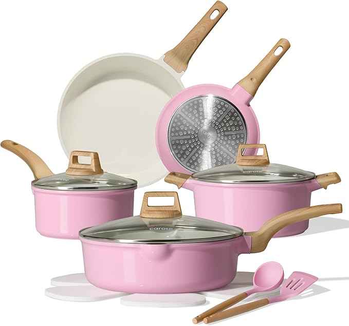 CAROTE Ceramic Cookware Set, 14 PCS Pots and Pans Set Non Stick, Pot and Pan Set with Frying pan, Induction Ready Cooking Set for Kitchen, PFOS/PFOA/PFAS Free, Pink