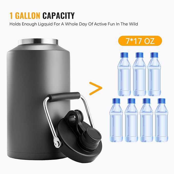 Kerilyn Insulated Gallon Jug with Handle, One Gallon, 128oz Stainless Steel, Large Double Vacuum Water Bottle for Hot & Cold Drinks, Wide Mouth, Sweat Proof, Great for Travel, Camping, Dark Grey