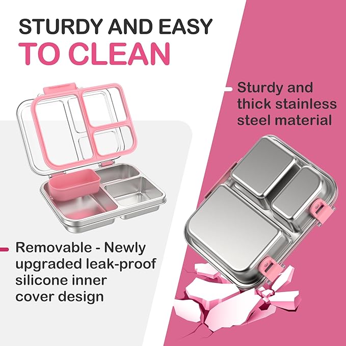 BABHAMNESS Stainless Steel Bento Lunch Box for Kids Adults, 3 Compartments Metal Bento Box with Transparent Lid & Silicone Container for Kids,Dishwasher-Safe,School & Travel,BPA-Free(Pink)