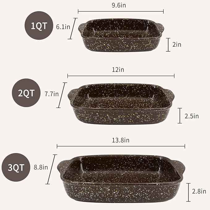3-Pack Deep Rectangular Ceramic Baking Dishes, Heavy-Duty Oven-Safe Stoneware Casserole Pans for Lasagna Baking, High Heat Resistant Handcrafted Glazed Finish,Speckle Series(13.8''/12''/9.6'' Brown)