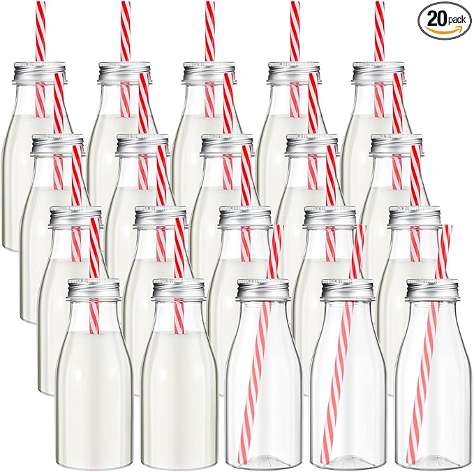 Yinkin 20 Sets Plastic Milk Bottles with Straws Lids Clear Plastic Containers for Dairy Milk Party Bottle for Juices Shakes Smoothies (8 oz,Red,White)