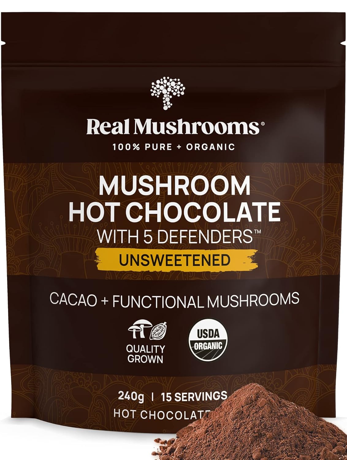 Real Mushrooms Unsweetened Hot Chocolate Mix with 5 Defenders – Reishi, Chaga, Turkey Tail, Maitake, Shiitake – Coco Powdered Unsweetened – Organic Cacao Powder Supplement, Vegan, 15 Servings