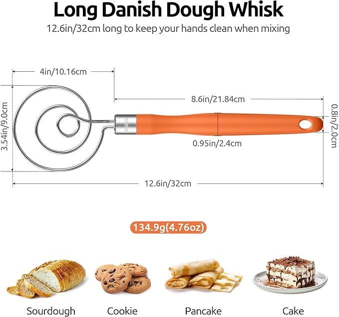 U-Taste 18/8 Stainless Steel Measuring Cups and Spoons Set of 10 and 12.6in Stainless Steel Danish Dough Whisk (Orange)