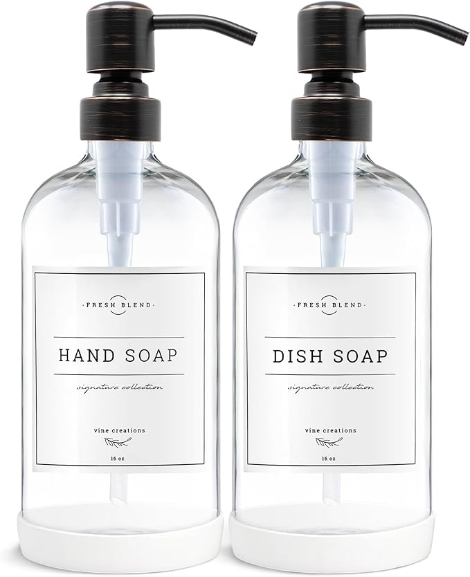Vine Creations Clear Glass Soap Dispenser, 2 Pack Kitchen Soap Dispenser Set with Stainless Steel Pump, 16 oz Dish Soap and Hand Soap Dispensers for Bathroom with Waterproof Labels
