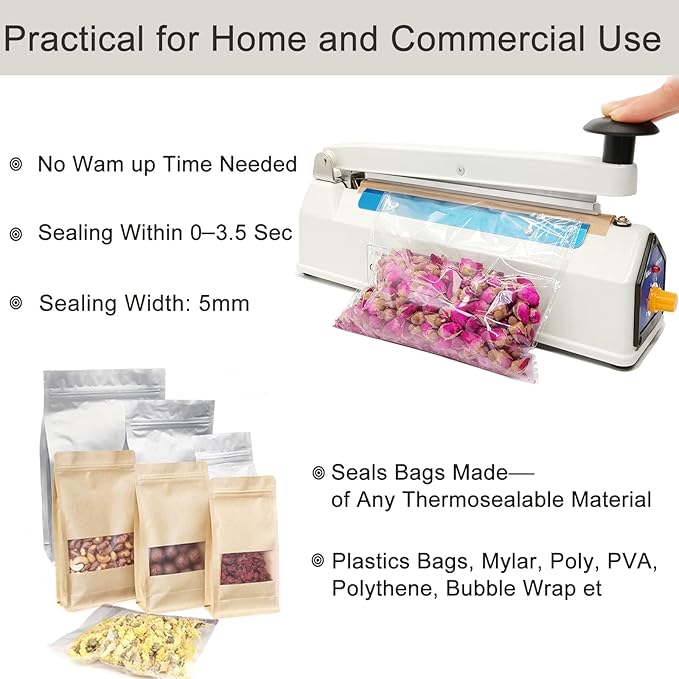 Impulse Sealer 8 Inch 5mm Sealing Heat Sealer for Plastic Bags, Iron Metal Shell, Mylar Bag Sealer, Manual Poly Plastic Bag Hot Seal Machine, 4 Repair Kit(2 Cutting Lines Included)