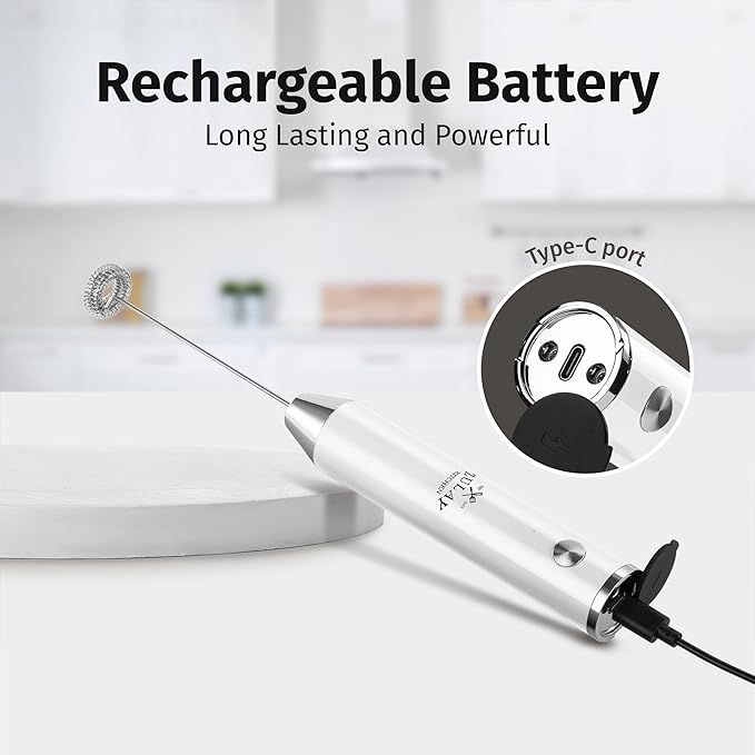Zulay Kitchen Rechargeable Milk Frother Handheld Lux - Powerful 2-Speed Motor, Waterproof, 2000mAh Battery - Drink Mixer for Latte, Cappuccino, Matcha & Protein Powder - Snow White