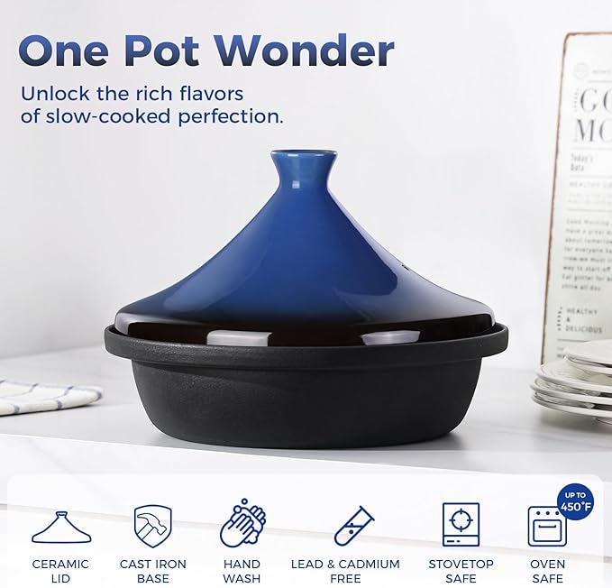 Moroccan Tagine for Cooking: Enameled Cast Iron Cooking Pot, Slow Cooker, Classic Kitchen Cookware, Tajine with Ceramic Cone-Shaped Closed Lid, 3.3 QT, Blue