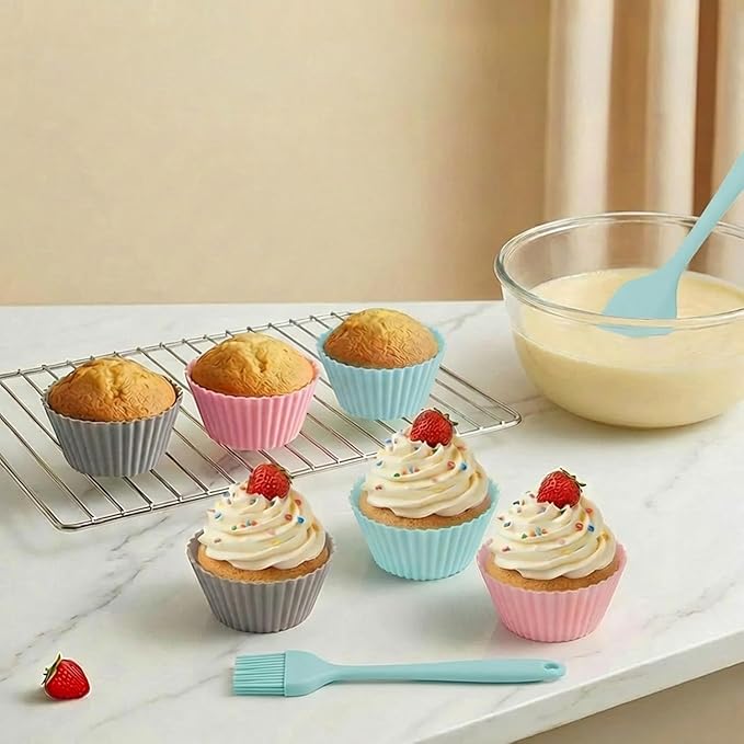 23 PCS Silicone Baking Set, Nonstick Pans Sets with Round Cake Pans, Muffin Pan, Baking Cups and Spoons for Making Bread, Cupcakes and Desserts (White)