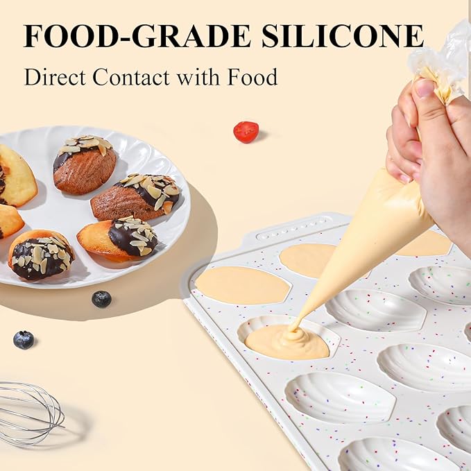 Vinino 2-Pack Silicone Madeleine Pan with Metal Reinforced Frame, 12-Cavity Shell Shape Madeleine Mold with Non-Slip Handle, Nonstick Madeleine Cookie Trays for Oven, BPA Free, Dishwasher Safe- Cream