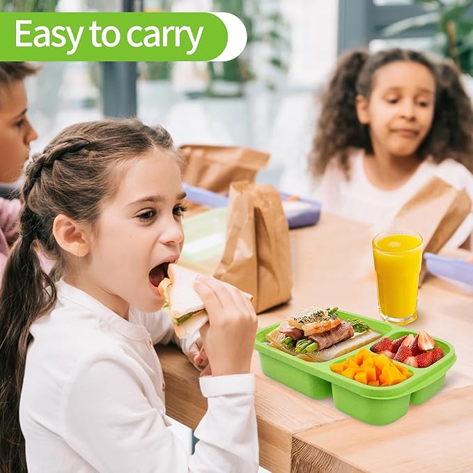buluker 4 Pack Bento Lunch Box Set 3 Compartment Wheat Straw Meal Prep Food Storage Containers Plastic, Microwave and Dishwasher Safe（Jewel Brights）