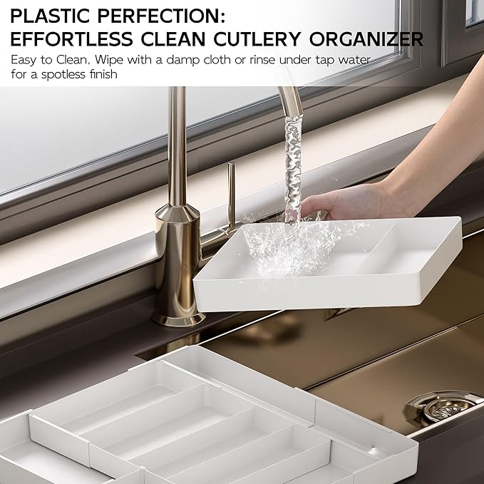 Jolitac Expandable Large Silverware Drawer Organizer - Adjustable Utensil Tray & Cutlery Holder, Plastic Storage for Spoons, Forks, Knives | Multipurpose Kitchen Organizers and Storage Solution, White