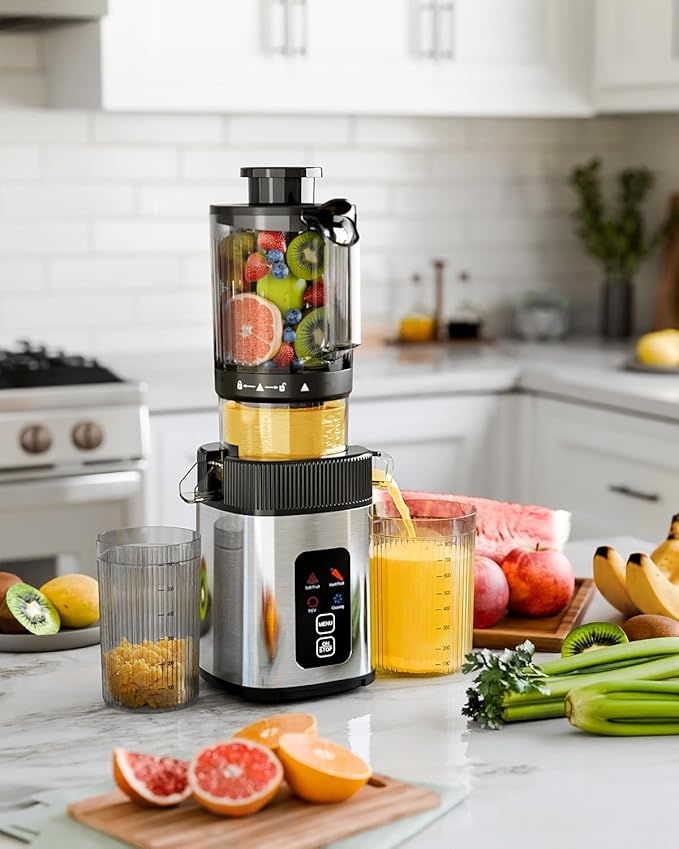 Kismile Cold Press Juicer Machine with Touch Control & 3 Modes, 4.5” Wide Feed Chute Slow Juicer for Whole Fruits & Vegetables, Stainless Steel Juicer Press, Easy to Clean, High Juice Yield for Home
