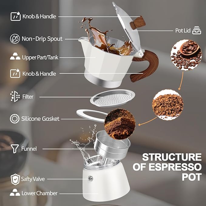 Aluminum 6 Cup 300ml Moka Pot Express Coffee Maker Stovetop Espresso Colorful Coffeemaker Italian Classic Style Brewing Greca Cafe Mocha Machine for Cafeteras Lover Camping Travel and Home Use 10oz