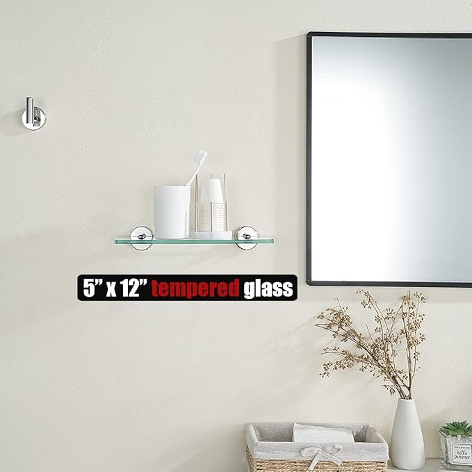 JQK Bathroom Glass Shelf Chrome, Tempered Glass Shower Storage 12 by 5 inches, 304 Stainless Steel Polished Chrome Wall Mount 2 Pack, TGS101L12-CH-P2