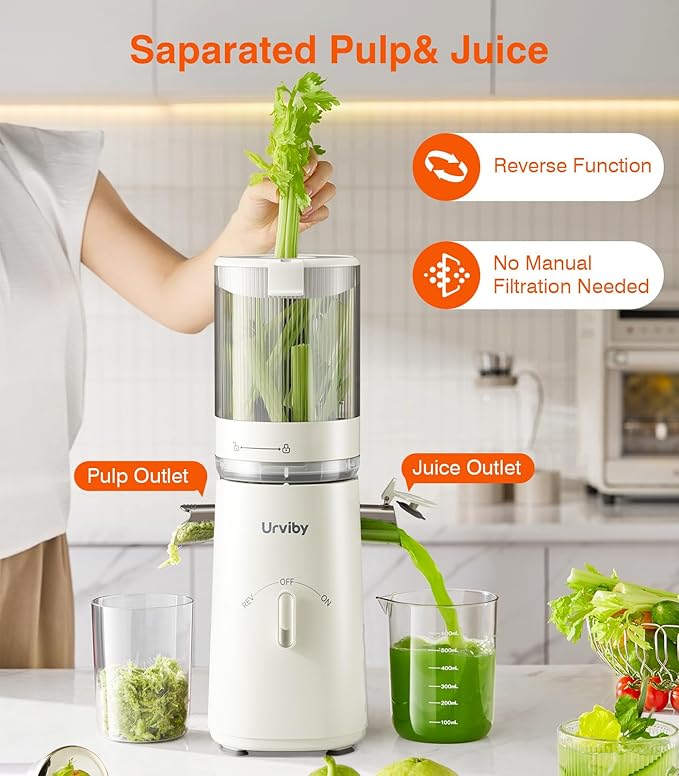 Juicer Machines, 2-in-1 Cold Press Juicer for Juice & Sorbet, suit for Vegetable and Fruit with 5-Inch Wide Chute, Powerful Masticating/High-Yield High Nutrients/Rev Mode/Easier Clean (Ivory)