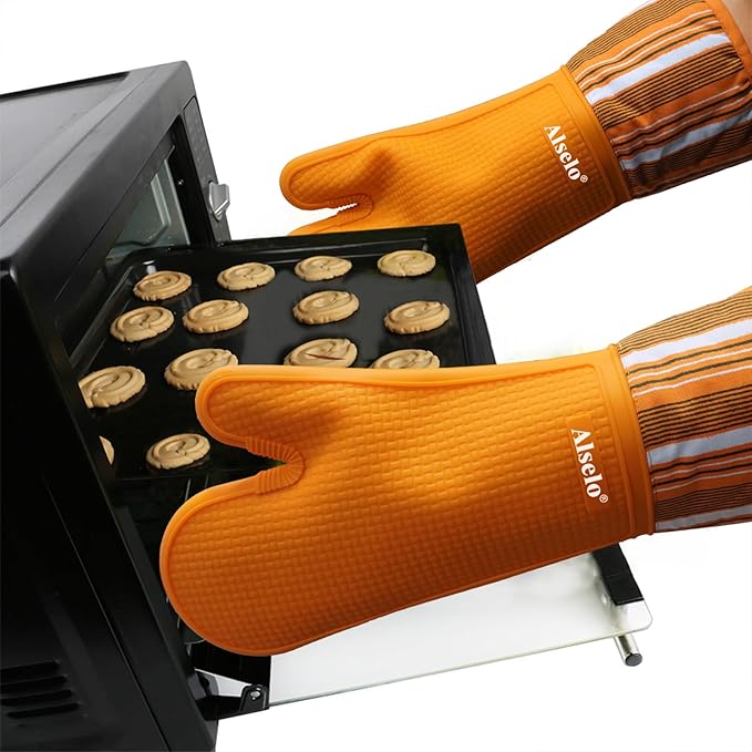 Alselo Oven Mitts Heat Resistant Silicone Kitchen Gloves for 550 Degrees with Waterproof and Non-Silp, Oven Gloves for Baking Cooking Barbecue Microwave Machine Washable (Extra Long Orange, 2)