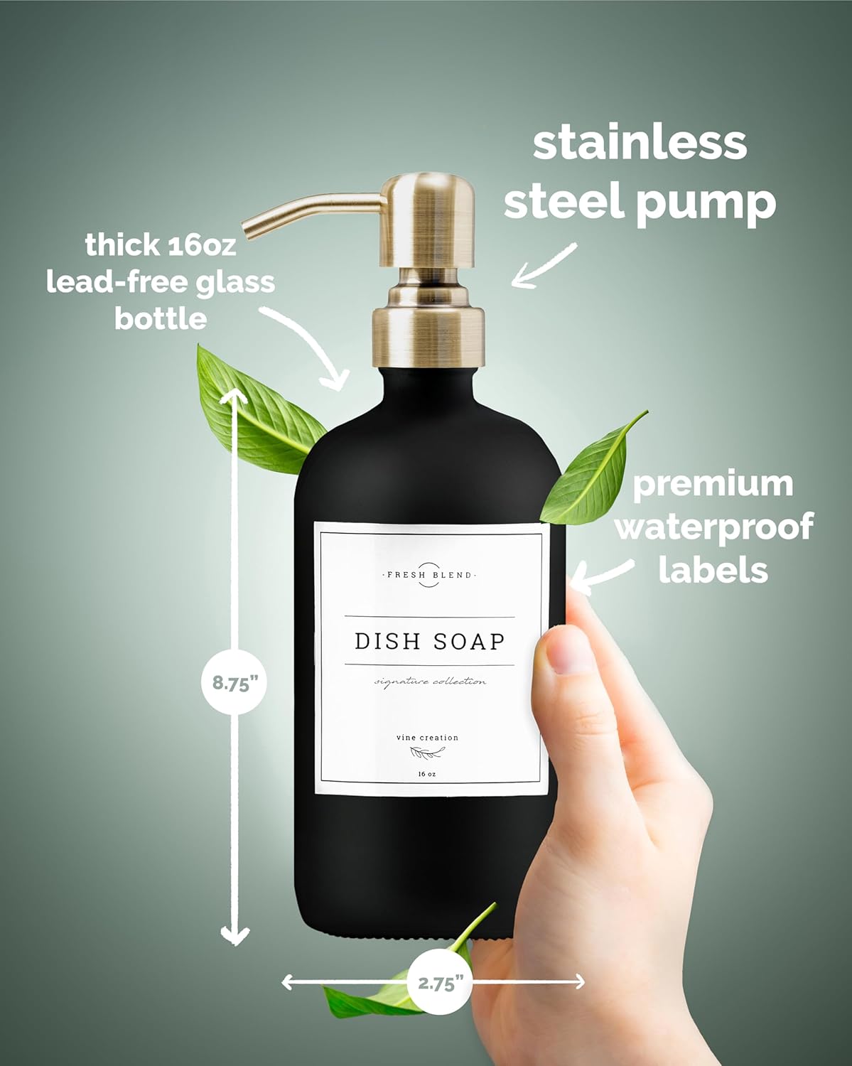 Vine Creations Black Glass Soap Dispenser, 2 Pack Kitchen Soap Dispenser Set with Stainless Steel Pump, 16 oz Dish Soap and Hand Soap Dispensers for Bathroom with Waterproof Labels