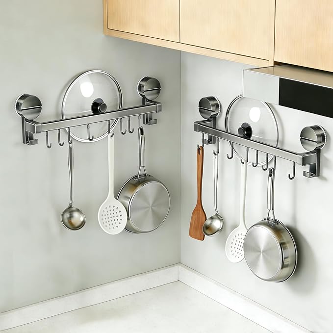 Wall Mounted Utensil Hook Rack with 8 Hooks, No Drill Installation, Space Gray Finish, Kitchen Organizer for Coats, Bags, and Accessories，Suction Cup Storage (1Pack)