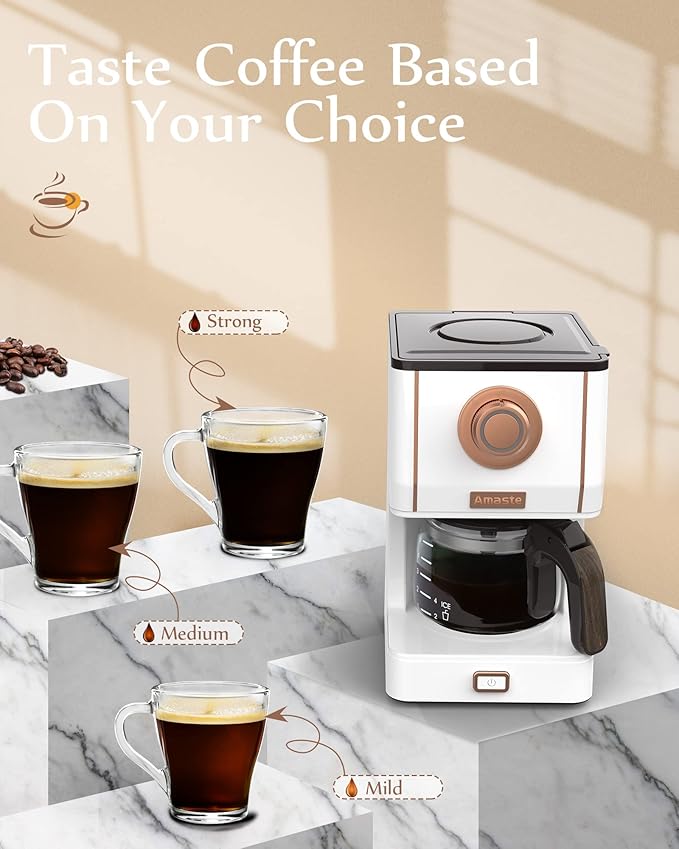 Amaste Retro Style Coffee Machine with 25 Oz Glass Coffee Pot, Reusable Coffee Filter & Three Brewing Modes, Warming Plate, Elegant White with Rose Gold
