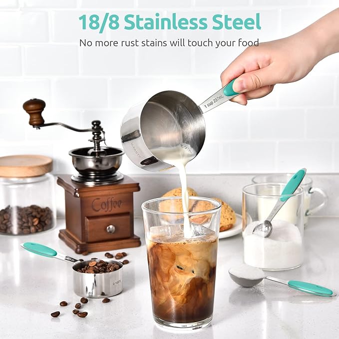 U-Taste Measuring Cups Spoons Set: 18/8 Stainless Steel 12 Pieces Stacking Kitchen Baking Cooking Food Measure Scoop Set, 7 Cups & 5 Spoons with Strengthened Weld Joints (Aqua Sky, Upgraded Version)