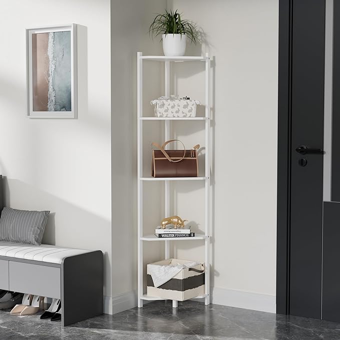 Wisuce Corner Shelf, 100% Real Bamboo Shower Corner Shelves Free Standing Shelf Storage Organizer for Bathroom Living Room Kitchen (White, 5 Tier)
