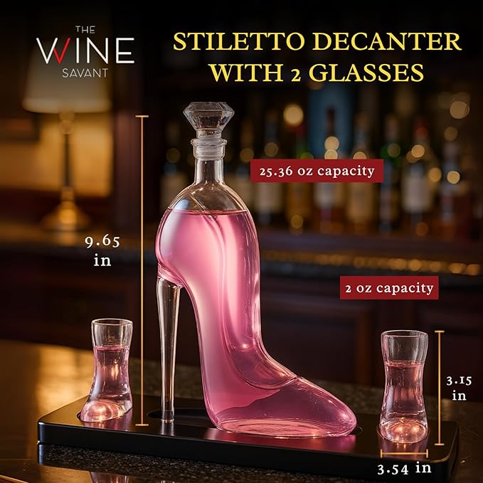 Heel Stiletto High Heels Whiskey and Wine Decanter With Heel Glasses & Wood Base - Elegant with Stopper for Liquor, Bourbon, Tequila - Unique High Heel Design, Present Gift for Women, Stylish Barware