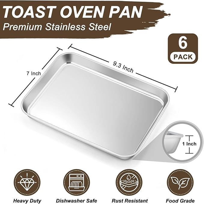 TeamFar Toaster Oven Tray, 6 Pack Stainless Steel Small Baking Sheet Pan Set, Metal Cookie Sheets for Baking/Broiling/Serving, Non-Toxic & Heavy Duty, Dishwasher Safe, 9.3” x 7” x 1”