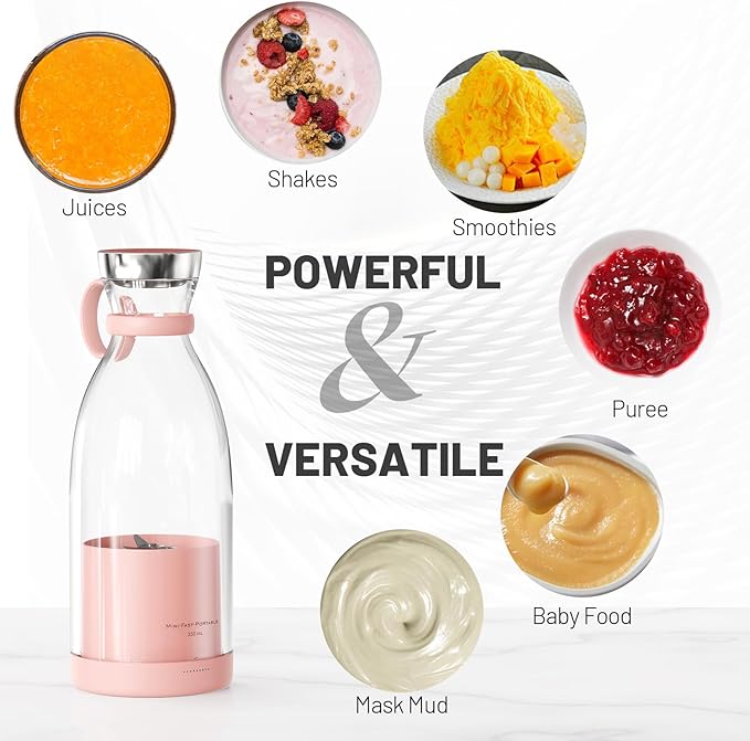OTPEIR Portable Blender for Shakes and Smoothies with 11.83 Oz Travel Cup and Lid,Durable Stainless Steel Blades for Juice Blending Performance, Pink
