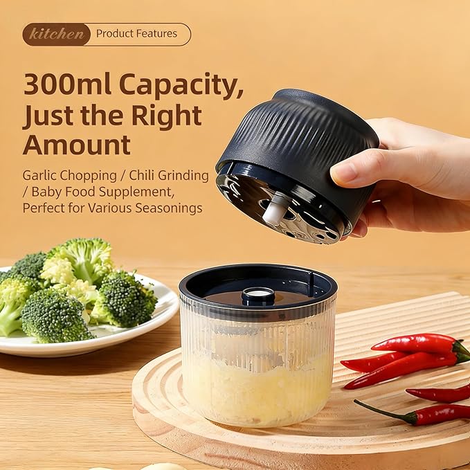 2026 Upgraded Electric Garlic Chopper 320ML Mini Food Processor, 6 Stainless Steel Blades, USB Rechargeable Portable Cordless Veggie Vegetable Onion Nut Meat Grinder, One blue Six blades & egg beater