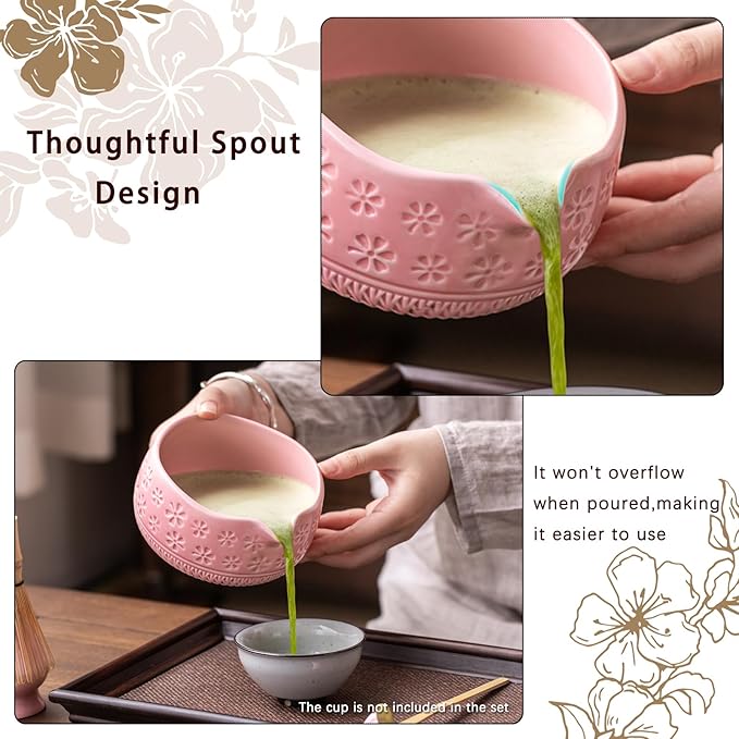 Buucup Matcha Whisk Set, Ceramic Matcha Kit Set Includes Matcha Bowl, Matcha Whisk and Holder, Bamboo Scoop, Scoop Rest, Sifter and Tea Towel - 7 Pcs Matcha Kit for Matcha Lovers (Pink)
