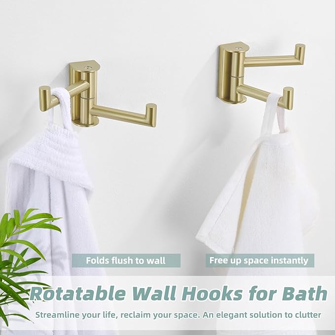APLusee 2-Pack Brushed Gold Swivel Double Towel Hooks, 304 Stainless Steel Wall Hooks with 2 Arms, Space-Saving Towel Hangers for Bathroom Kitchen RV