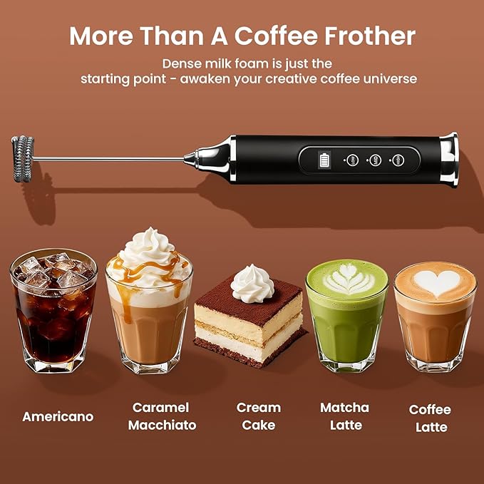 YUSWKO Black Milk Frother Wand for Coffee with Stand, Handheld Coffee Frother, Rechargeable Drink Mixer, Waterproof Electric Whisk