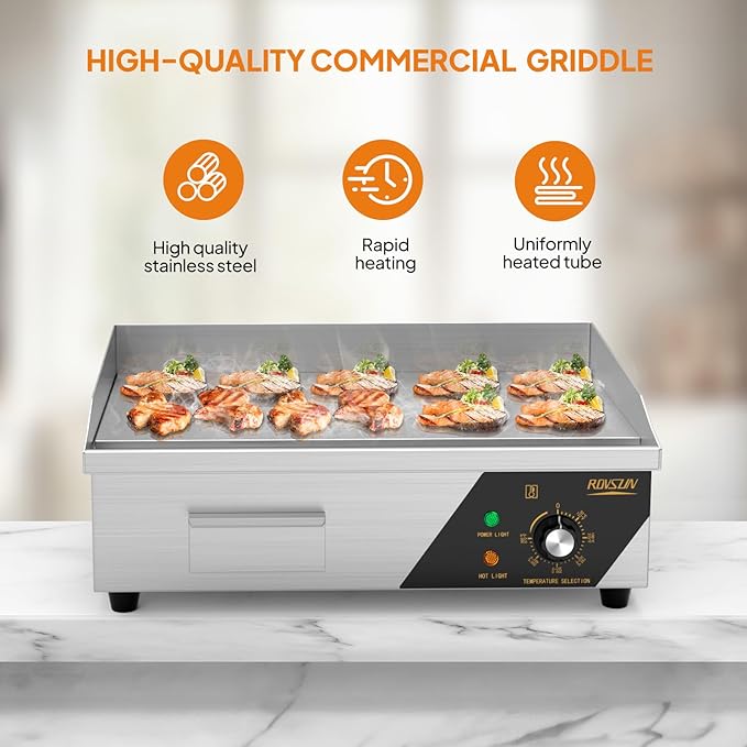 Bonnlo 22 Inch 1600W Commercial Griddle with Stainless Steel Countertop, Flat Griddle, 122-572℉ Adjustable Temp Control of Electric Flat Top Grill for Cheese 、Steak and Egg Indoor and Restaurant