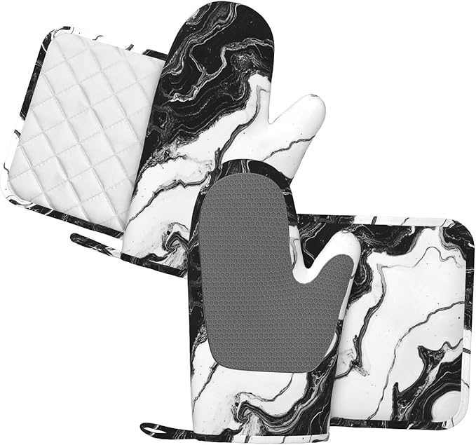 Oven Mitts and Pot Holders Marble Black White Liquid Abstract Silicone Kitchen Accessories Set of 4 Heat Resistant Long Gloves Potholder Non-Slip Grip for Chef Cooking Baking Grilling BBQ