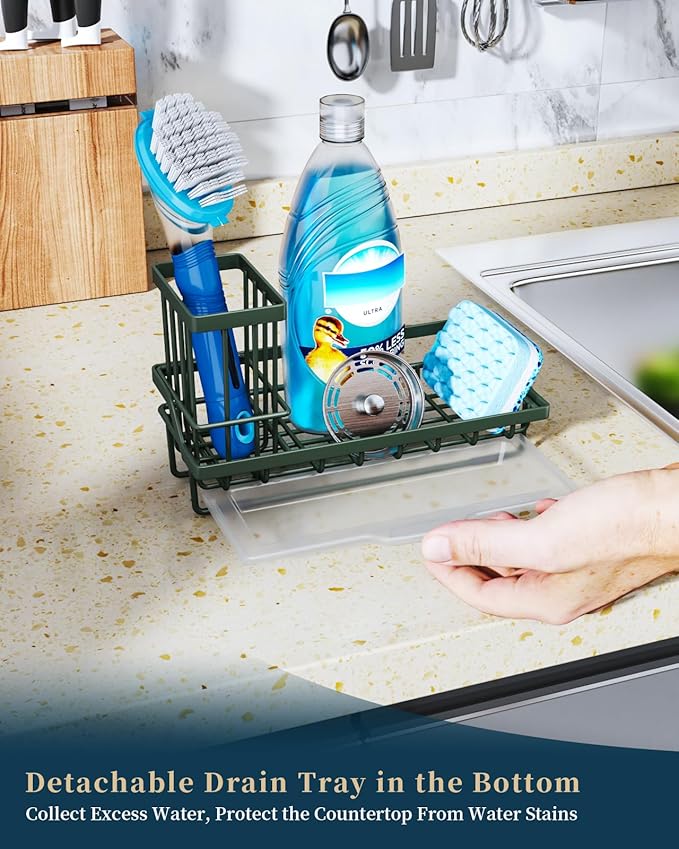Consumest Sponge Holder for Kitchen Sink - Kitchen Sink Caddy Organizer with Removable Drip Tray for Countertop Dish Soap Dispenser Brush Storage Accessories 304 Stainless Steel, Green
