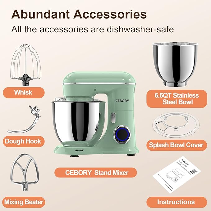 CEBORY 3-IN-1 Electric Stand Mixer, 6.5QT Bowl 660W 10-Speed Kitchen Mixer, Household Food Mixers include Dough Hook, Beater and Whisk, Bread Cake Mixer for Baking and Most Home Cooks, Agave Green