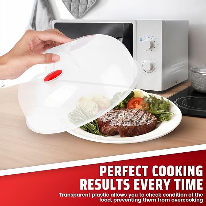 Flexzion 2 Pack 10 Inch Small Microwave Splatter Cover - BPA-Free Anti-Splatter Microwave Cover with Adjustable Steam Vent, Dishwasher Safe, Transparent Plastic Food Covers for Microwave Cooking