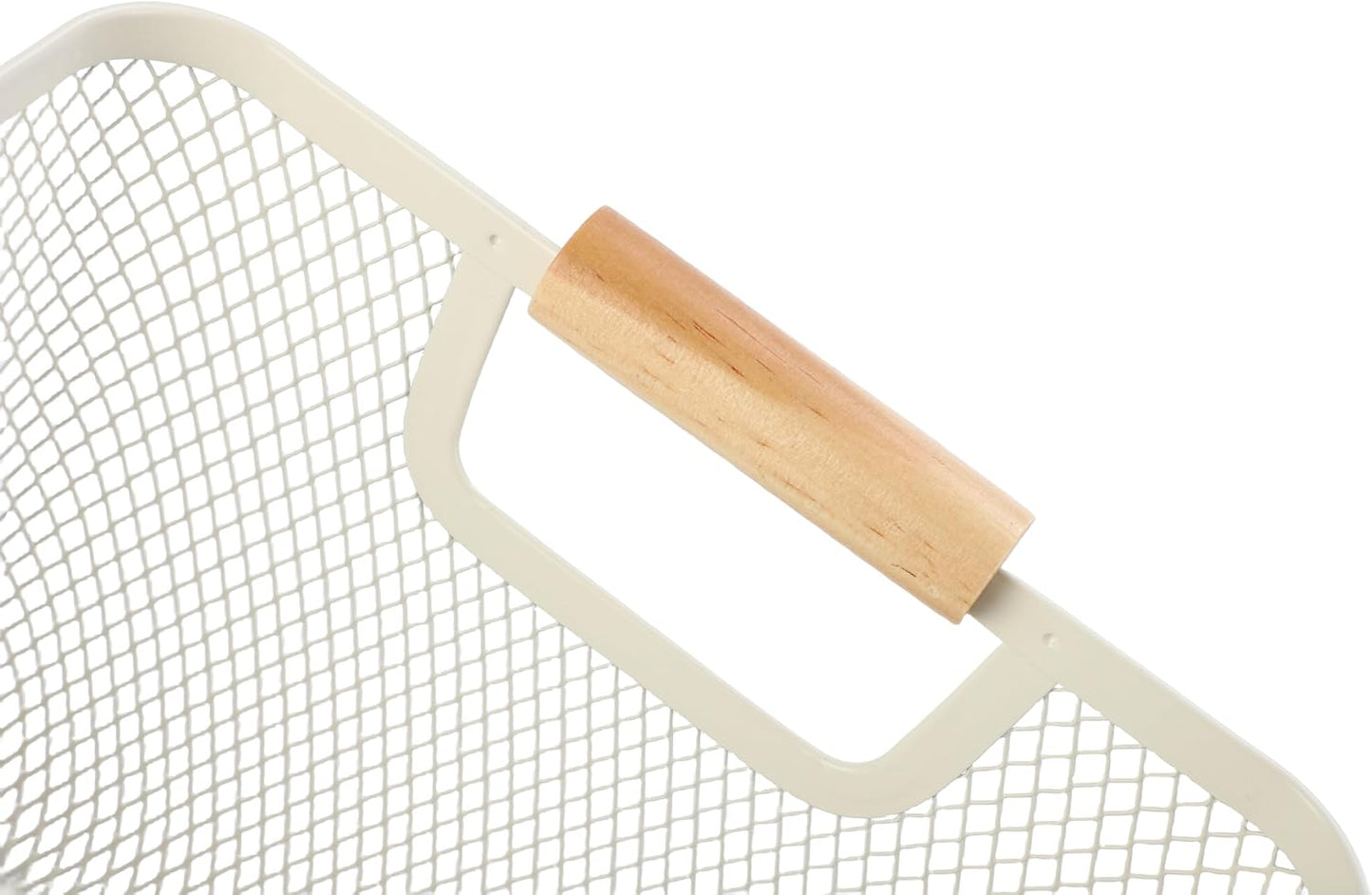 Metal Mesh Steel Basket, Small Wire Storage Organizer Basket Multi-function Hanging Kitchen Basket with Wood Handle for Kitchen Bathroom Picnic Home, Rectangle-Off White